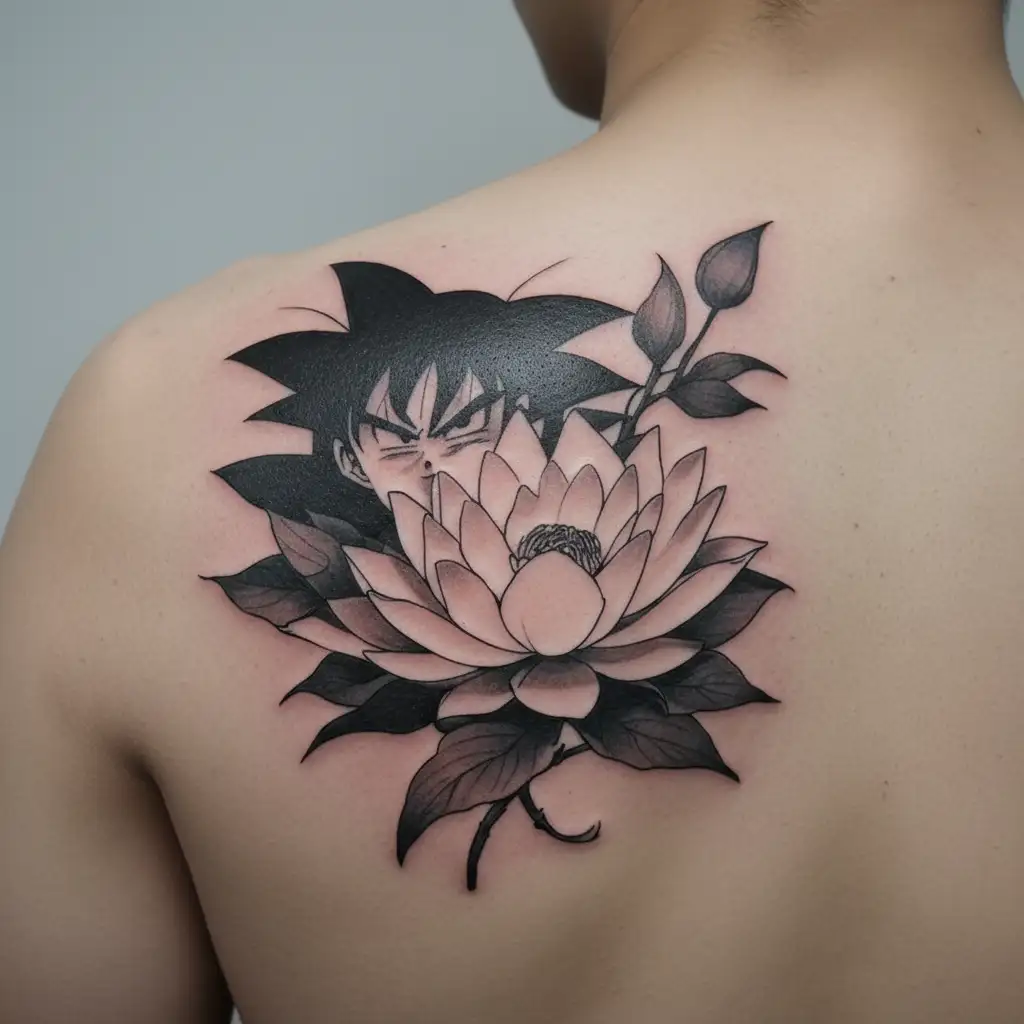 Goku and lotus flower blooming tattoo design idea