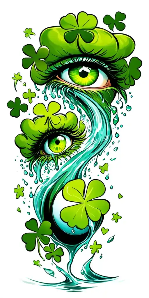 irish arm sleeve 4 leave shamrocks hearts shooting stars and a green eye ball crying into a rivertears makes water green tattoo design idea