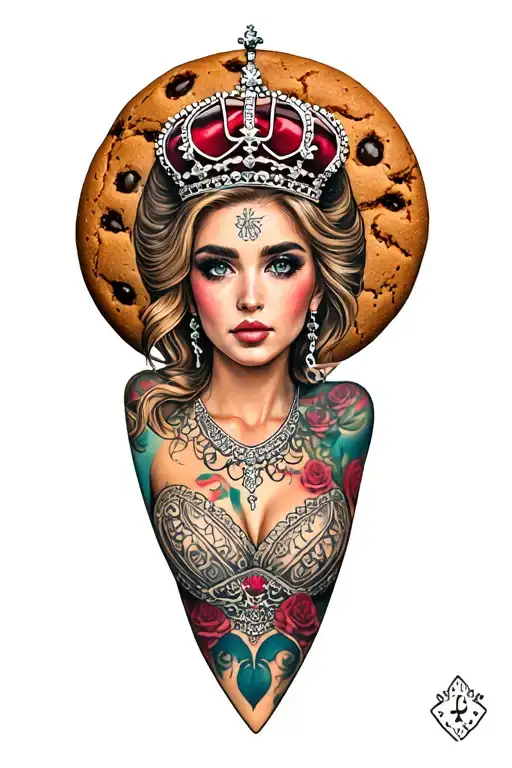 cookie leg tattoo with Queen tattoo design idea