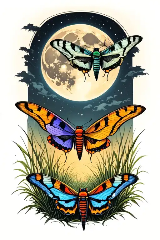 3 colorful moths in front of swamp grass and full moon shining no background tattoo design idea