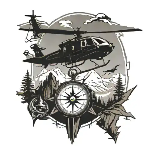 silhouette of helicopter flying mountains inside with a compass . north south east west  tattoo design idea