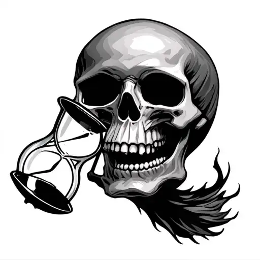 skull holding an hourglass in its mouth open tattoo design idea