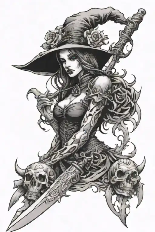 bones witch blades black and white tattoo design idea