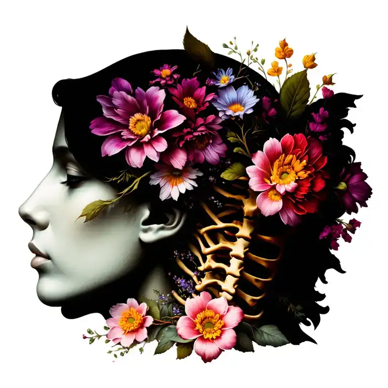 cervical vertebrae with flowers intertwined tattoo design idea