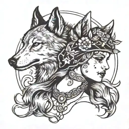 Nordic woman sideways blindfolded dead wolf over her head tattoo design idea