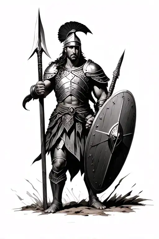 "Realistic blackwork tattoo design of a mythological warrior in Spartan armor, holding a spear and shield, dramatic ligh tattoo design idea