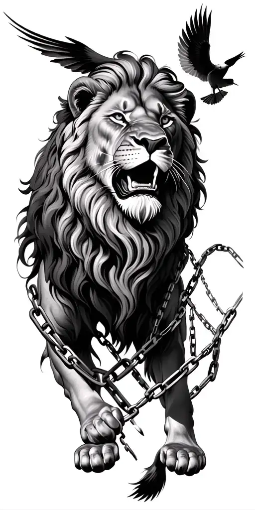 Black and grey realism with fine shading. A lion with broken chains chains.  Put a dove flying over the lion. tattoo design idea