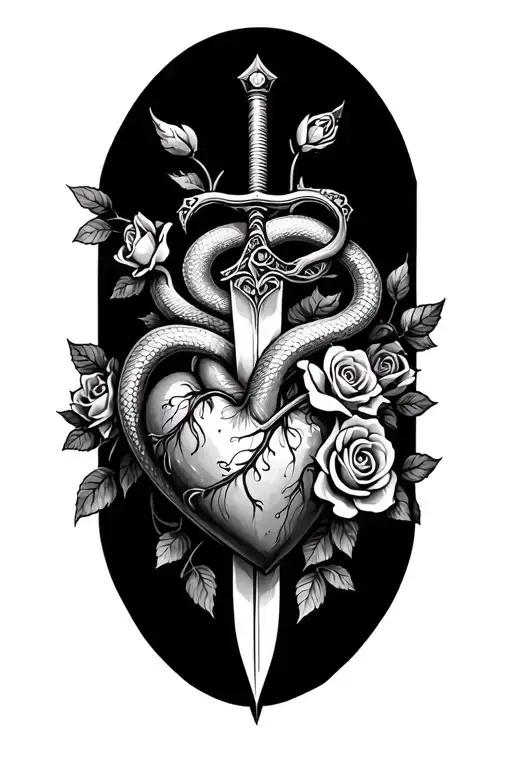 Dagger piercing heart (organ) and roses with serpent wrapped aroud heart and dagger tattoo design idea