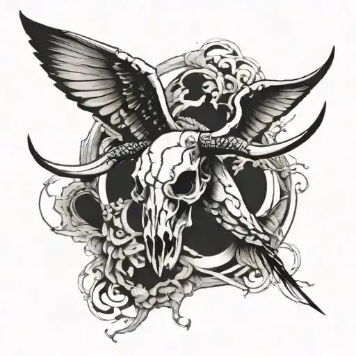 longhorn skull with 2 swallows flying around it tattoo design idea