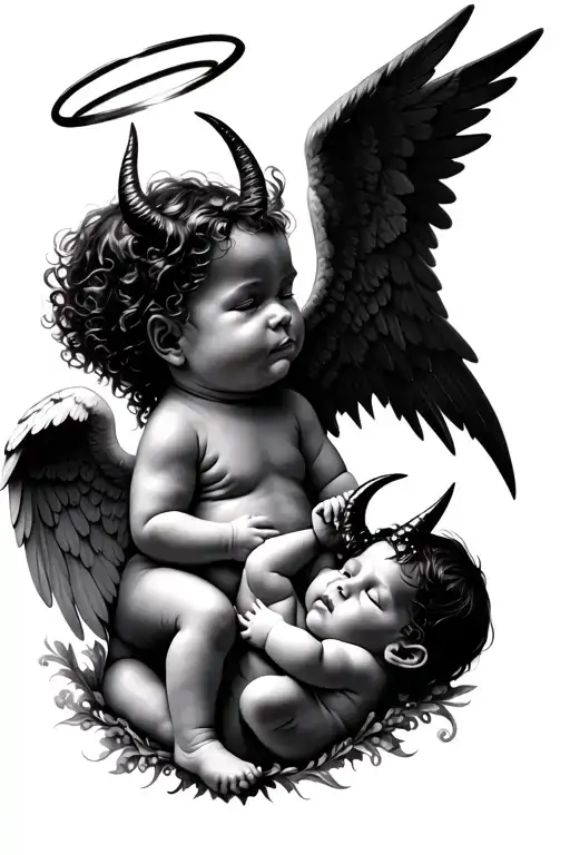 two babies, one is and angel with wings and a halo and the other is a devil with horns and shriveiled wings tattoo design idea