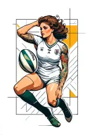 Pin up girl with brown hair and tattoos playing rugby wearing a white kit tattoo design idea
