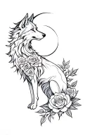 Wolf and roses intertwined and moon tattoo design idea
