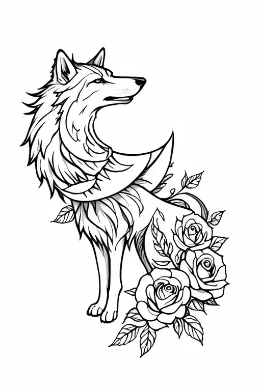 Wolf and roses intertwined and moon tattoo design idea