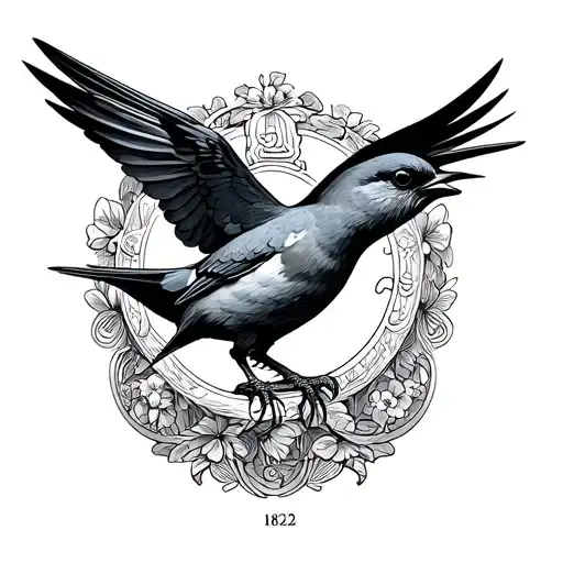 Thin line work w numbers 1882, a swallow bird and some sort of greek mythology tattoo design idea