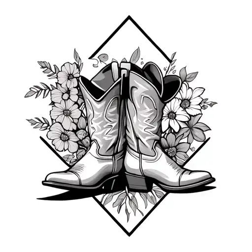 cowboy boots and hat with flowers in a diamond shaped line outlining tattoo design idea