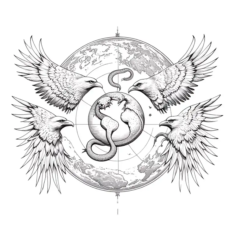 An eagle and a raven surrounding the planet Earth. And a snake in the center tattoo design idea