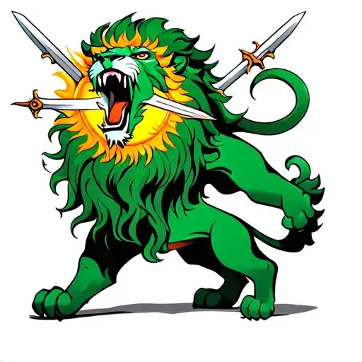 green lion full body roaring with sun in mouth and 3 swords stabbing it tattoo design idea