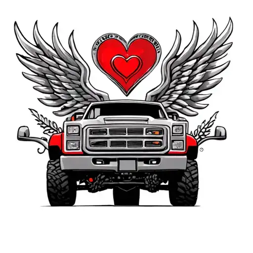 Truck, steering wheel 3 branches, heart and unz tattoo design idea