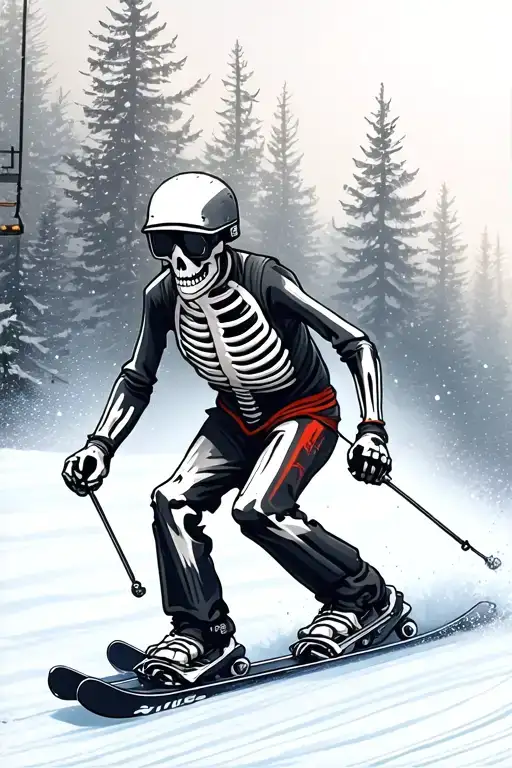 skeleton skiing downhill wih a skilift and trees in the background tattoo design idea