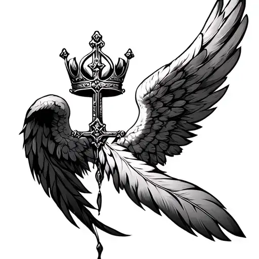 angel wings feathers down crown cross tattoo design idea