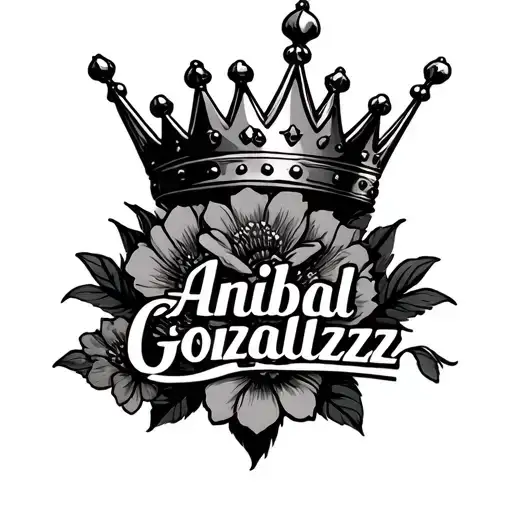 "Anibal Gonzalez" partner name with king crown on the corner and flower tattoo design idea