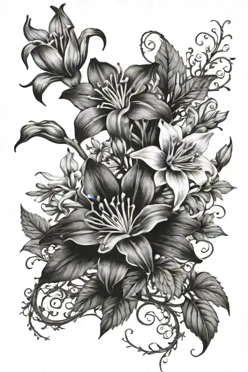 columbine flower with night rider lily flower and vines connecting each flower   tattoo design idea
