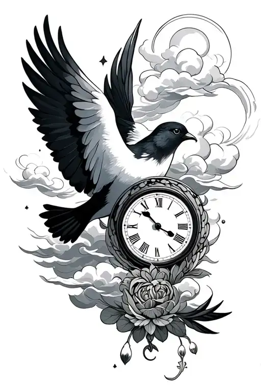 dove and clouds and clock tattoo design idea