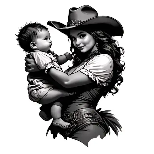 western cowgirl mother holding baby  tattoo design idea