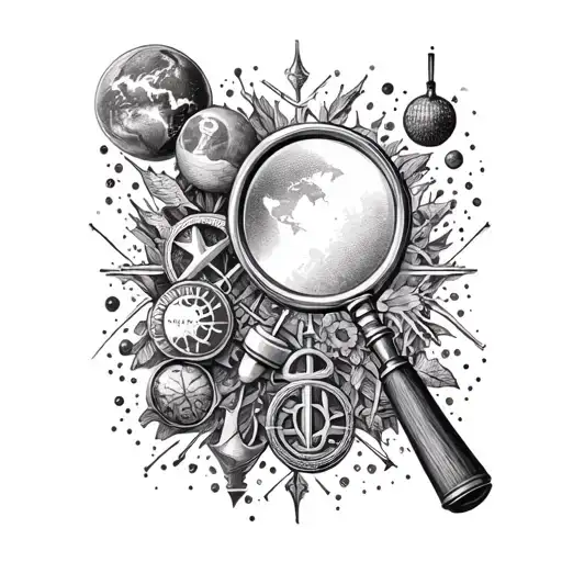 Create a tattoo of a magnifying glass surrounded by various symbols of curiosity and exploration tattoo design idea