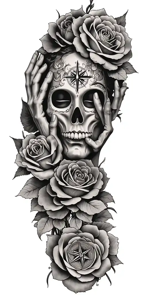 roses, Japanese death mask, compass, mythology tattoo hands covering eyes and ears tattoo design idea