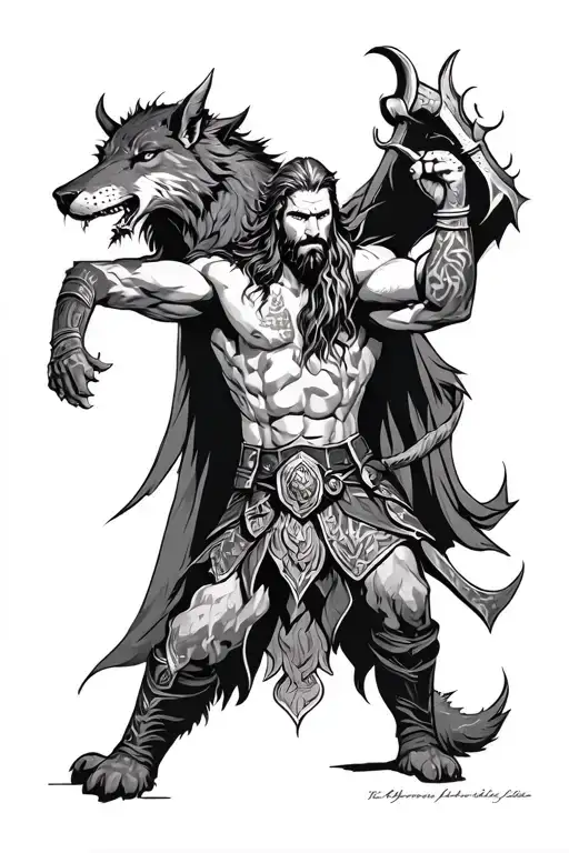 thor fighting fenrir viking tattoo design idea