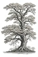Oak tree with right side half dead + left side alive and thriving + under left side of tree is rows of Arlington nationa tattoo design idea