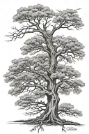 Oak tree with right side half dead + left side alive and thriving + under left side of tree is rows of Arlington nationa tattoo design idea
