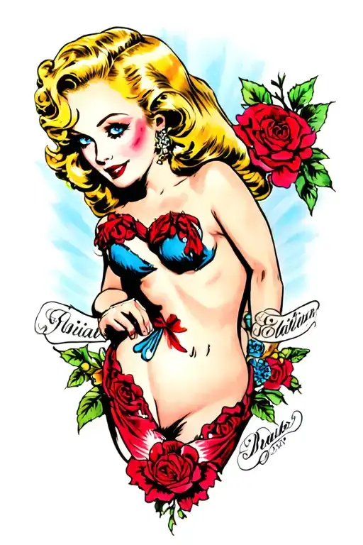 blonde, blue eyed pin up girl tattoo design idea