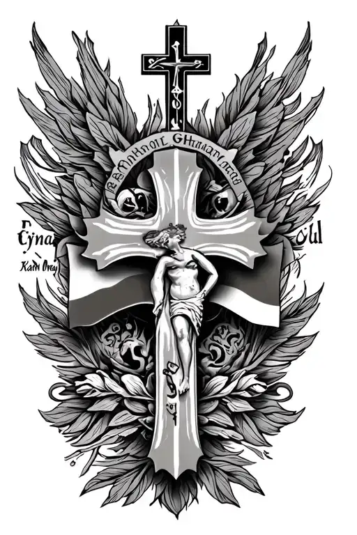 cover-up tattoo design with a cross, names ( Tina, Eyram, Kafui, Mawuli), 3 ghana symbols, flag of ghana inside african tattoo design idea