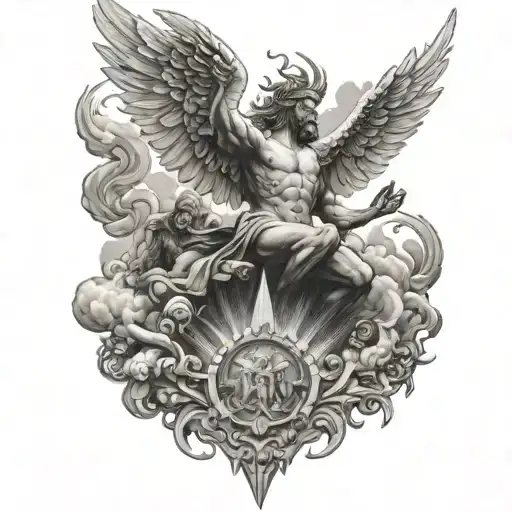 Create a large back tattoo with a majestic god at the top, surrounded by clouds, while angels hunt the demon tattoo design idea