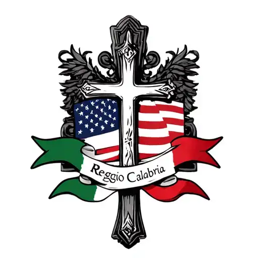 cross made with Reggio Calabria emblem and American and Italian flag with ribbon at bottom my family is from this region tattoo design idea