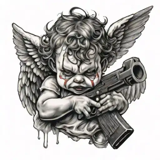 baby angel with clown makeup holding ak 47 realism tattoo design idea