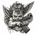 baby angel with clown makeup holding ak 47 realism tattoo design idea