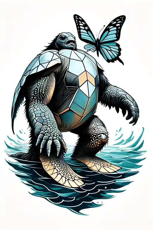 sea turtle swimming bigfoot standing on top turtle out reached hands releasing butterfly tattoo design idea