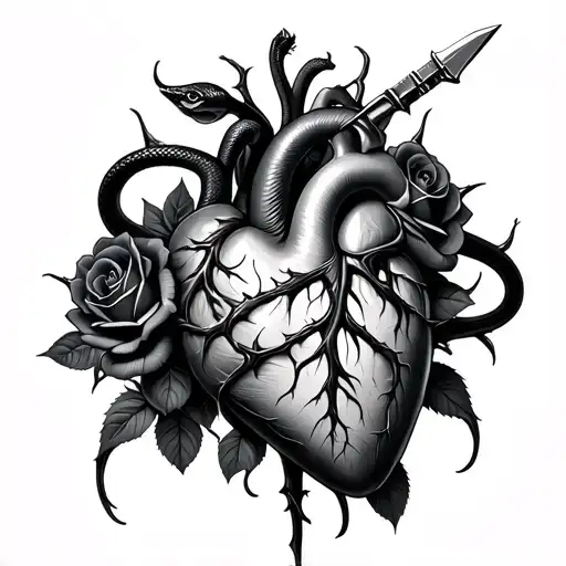 dagger piercing a realistic human heart ensnared by black roses with thorns. Add a black mamba tattoo design idea