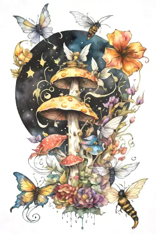 fairies, moons, dragons, mushrooms and bees flying tattoo design idea