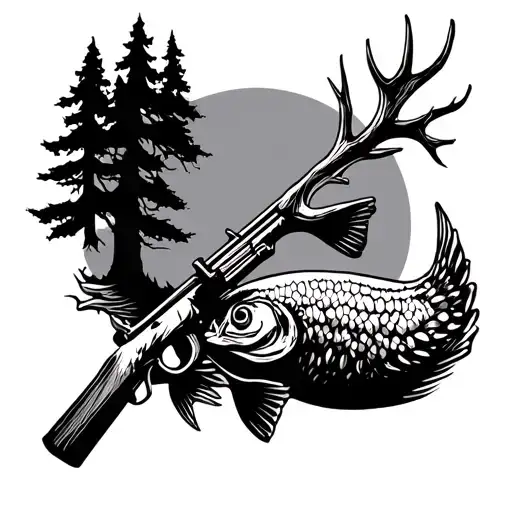 deer antler fish rifle fishing pole cross tree forest intertwined  tattoo design idea