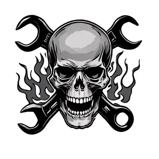 skull and wrenches with flames surrounding tattoo design idea