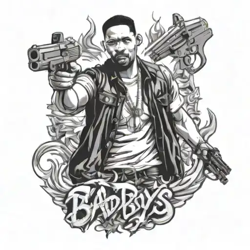 bad boys 2 (will smith) with 2 guns out with his arms fully extended left and right with fire in the background  tattoo design idea