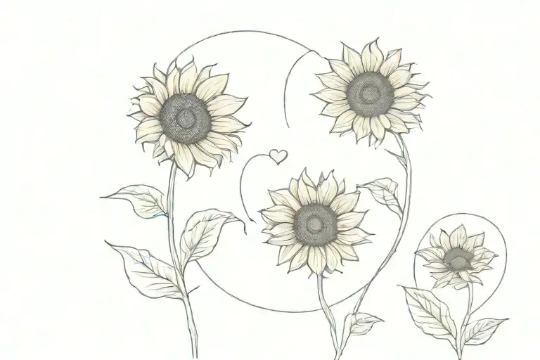 2 fine line sunflowers, the sentence until we meet again, and the right side of a fine line heart  tattoo design idea
