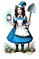 EMO THEMED ALICE IN WONDERLAND STANDING WITH A WATCH IN ONE HAND AND A SHOVEL IN THE OTHER HAND AND WHITE EYES tattoo design idea