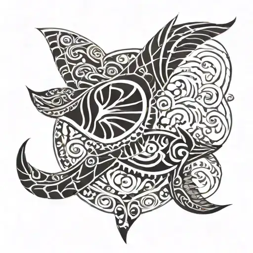 moaian tattoo of rayfish with turtle in center, shark as it tail and moth as its right wing and butterfly is left wing  tattoo design idea