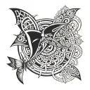 moaian tattoo of rayfish with turtle in center, shark as it tail and moth as its right wing and butterfly is left wing  tattoo design idea