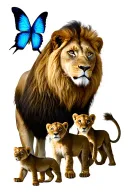 king male lion, beautiful female queen lion, 4 male cubs 1 smaller female princess cub. blue butterfly above tattoo design idea